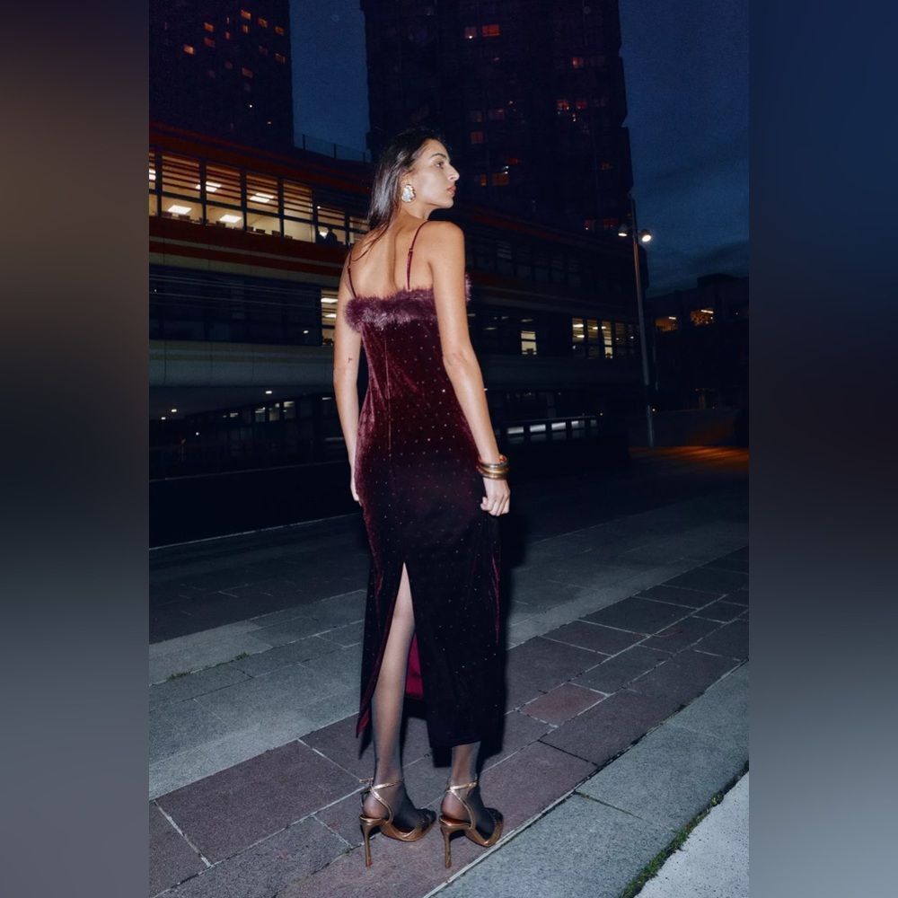 ZARA VELVET BEADED FAUX FUR MIDI DRESS - Picture 7 of 13
